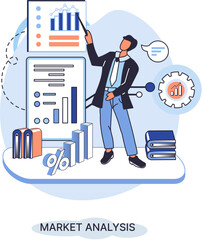 Poster - Market analysis metaphor marketing strategy development. Business research. Identify business determine solutions business problems solving. Marketer analyzes sales plan, doing an advertising campaign