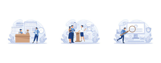 Poster - people using secure login and password, account data for authorization. personal data security. regi