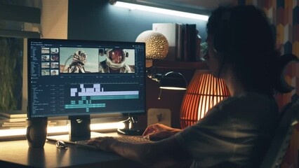 Poster - Guy in headphones editing video with astronauts for space blog in professional program while working remotely on computer at home
