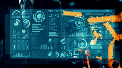 Poster - Engineer use cybernated robotic software to control industry robot arm in factory . Automation manufacturing process controlled by specialist using IOT software connected to internet network .