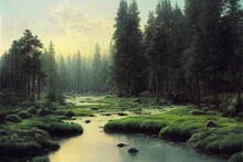 Forest Landscape, Water, River. Digital, Illustration, Painting, Artwork, Scenery, Backgrounds	