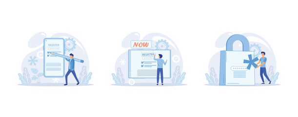 Poster - people using secure login and password, account data authorization. characters use personal data sec
