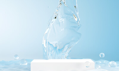 Wall Mural - podium with water splash swirl for product presentation. Natural beauty pedestal, relaxation and health, 3d illustration.