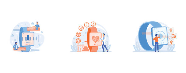 Wall Mural - Users translating speech with smartwatch, Doctor and smartwatch with heart and medical icons, Smartwatch with Wi-Fi, bluetooth and GPS, set flat vector modern illustration