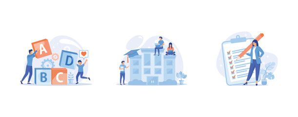 Poster - Primary school education, People studying remotely, e learning, Project management, goal completion, to do list, set flat vector modern illustration