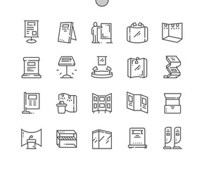 Exhibition stand. Advertising and presentation. Bow flags, snowcase. Commercial fair display. Pixel Perfect Vector Thin Line Icons. Simple Minimal Pictogram