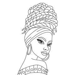 Young African black girl in a colorful turban with traditional hairstyle coloring page outline illustration