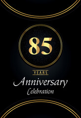 85 years anniversary celebration logo with silver dotted and golden ring borders on black background. Premium design for poster, banner, weddings, birthday party, celebration events, greetings card.