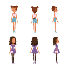 Wall Mural - Full length portraits of teenage girls posing back, front and side view cartoon vector illustration