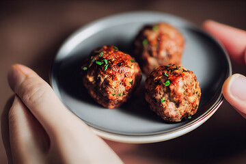 Hands holding a plate with meatballs, food photography and illustration