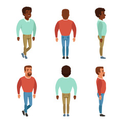 Sticker - Full length portraits of young men posing back, front and side view cartoon vector illustration