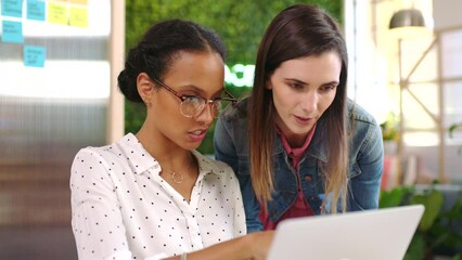 Poster - Business women, marketing and laptop ideas for creative project, strategy planning and online website in modern office agency. Happy young female designers, collaboration and teamwork with technology