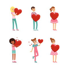 Poster - Cute boys and girls holding red hearts. Teenagers giving and sharing love cartoon vector illustration