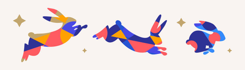 Aufkleber - Collection of running, jumping rabbits in modern trendy geometric style. Chinese new year 2023, year of the rabbit Chinese zodiac symbol. Modern art design for branding, packaging, greetings, ads