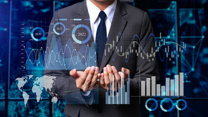 Wall Mural - data management system with business analytics concept. business hands working with provide informat