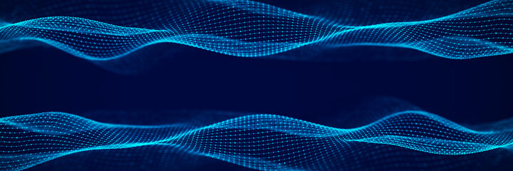 Poster - 3d dynamic double digital wave. Smart technology wave. Flow digital structure. Cyber technology background. 3D rendering.