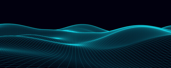 Poster - Digital wavy wireframe landscape. Futuristic linear undulating terrain. Digital cyberspace in mountains with valleys. Vector illustration.
