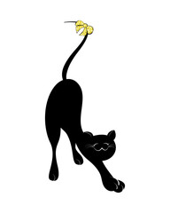 Wall Mural - Black silhouette of a cartoon caricature cat with a bow on its tail. Animal print.