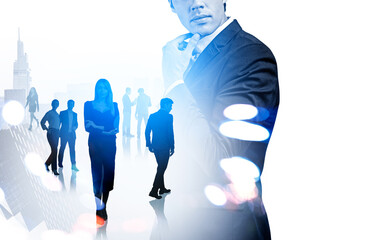 Poster - Business people silhouettes working together, pensive businessman and city view