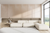 Fototapeta Panele - Light chill room interior with couch and decoration, panoramic window. Empty wall
