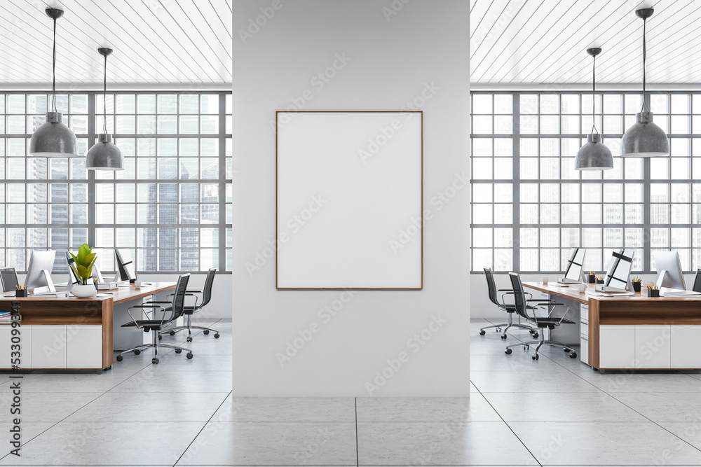 Light office interior with pc computer, panoramic window. Mockup frame ...