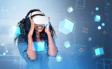 Poster - african woman in vr glasses, data blocks in cyberspace, information fields