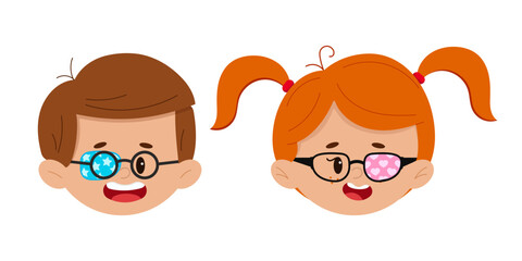 amblyopia eye patch on boy and girl eyeglasses faces set isolated on white background. cute ophthalm