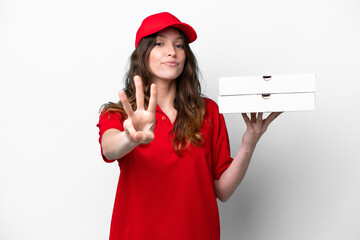 Wall Mural - Pizza delivery woman with work uniform picking up pizza boxes isolated on white background happy and counting three with fingers