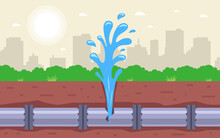 Water Pipe Burst. Water Seeps Out Of The Ground. Flat Vector Illustration.