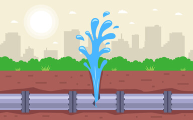 water pipe burst. water seeps out of the ground. flat vector illustration.