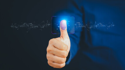 Aufkleber - Virtual fingerprint thumbs up to scan biometric identities and fingerprint access passwords for technological security concepts. Digital transformation change management internet of things.