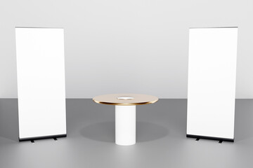 Wall Mural - Blank roll up banner with trade show table. 3d rendering