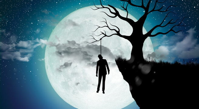 Wall Mural -  - Silhouette of man suicide by hang himself on the tree at night with full moon. Commit suicide concept.