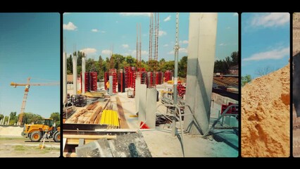 a collage of frames at a construction site. industrial exterior. construction work at the constructi