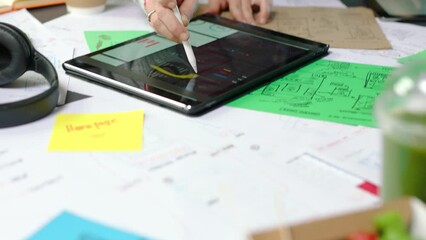 Poster - Healthy food, hands and tablet for digital marketing teamwork and collaboration in website planning or social media strategy. Zoom on paper, documents and brand design at creative office lunch time