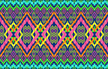 African Mayan Indian Navajo Ikat Seamless Patterns. Geometric Line Gleam Bright Glow Neon Color Background. Ethnic Folk Tribal Native Ikat Pattern Retro Style. Design For Clothing Fabric Carpet.