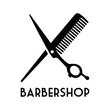 Logo con texto Barbershop con silueta de tijera de peluquero con peine en aspa en color negro