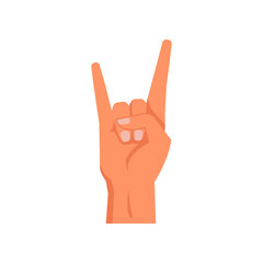 Poster - Hand gesture demonstration, isolated sign of horns. Nonverbal language communication, symbol of music rock n roll and musical fans. Vector in flat style