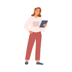 Fototapete - Manager or business woman controlling the project. Isolated female character checking the info from notebook. Boss or director. Vector in flat cartoon style