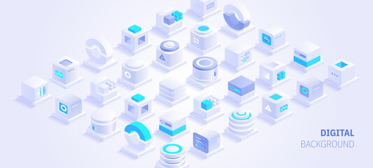 Poster - web banner design of digital technologies concept. abstract isometric cubes with text place on white