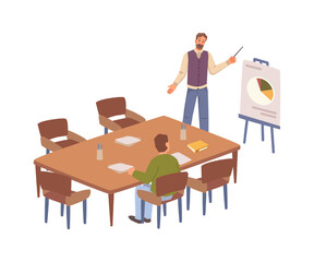 Poster - Office meeting, isolated businessman or director of company showing charts and statistics on whiteboard. Presentation to employees. Vector in flat cartoon style