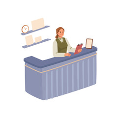 Poster - Secretary in office, isolated workplace of woman with document reading agenda. Female character on reception, work space. Vector in flat cartoon style
