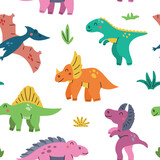 Fototapeta Dinusie - Funny seamless pattern with cartoon dinosaurs. Hand drawn vector doodles for girls, boys, kids for fashion clothes, shirt, fabric
