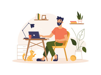 Aufkleber - Man using computer at home, distant worker or freelancer with laptop. Male character by desk with lamp, house interior with flowers. Vector in flat cartoon style