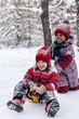 © Tatyana - Happy Caucasian and African-American girls ride a saucer in the winter park.Beautiful trees are covered with white snow.Winter fun,active lifestyle concept.