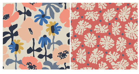 simple and abstract flower illustration seamless repeat pattern 2 design set