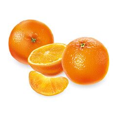 Wall Mural - Whole and sliced oranges on a white background.