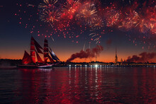 Firework Above A Boat With Scarlet Sails On Water Surface Against The Peter And Paul Fortress At Summer Night