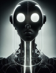 Retro Futurism Style Woman Cyborg Head Mechanism 3D Conceptual Art Illustration. Vertical Portrait of Female Robot Dark Fantasy Science Fiction Movie Character. AI Digital Neural Network Art Work