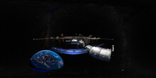 360 Degree Space Background With Planet Earth And International Space Station, ISS, Equirectangular Projection, Environment Map. HDRI Spherical Panorama.	
